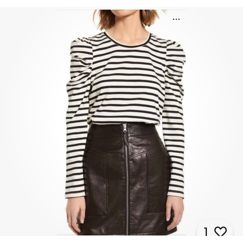 Rebecca Minkoff Talia Striped Top Womens Small‎ Cream Black Puff Shoulder Knit